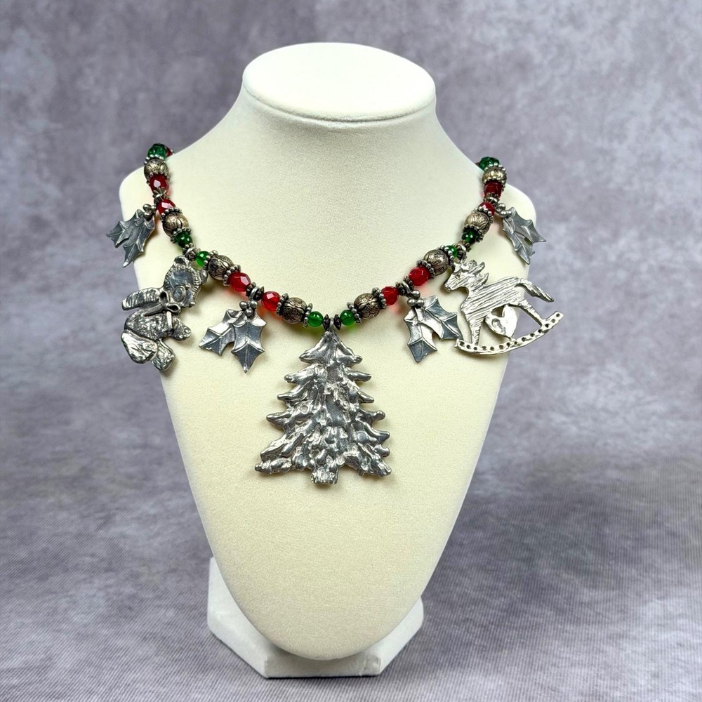 Vintage MARCIE USA Christmas Necklace Red Green Glass Beads with Pewter Charms